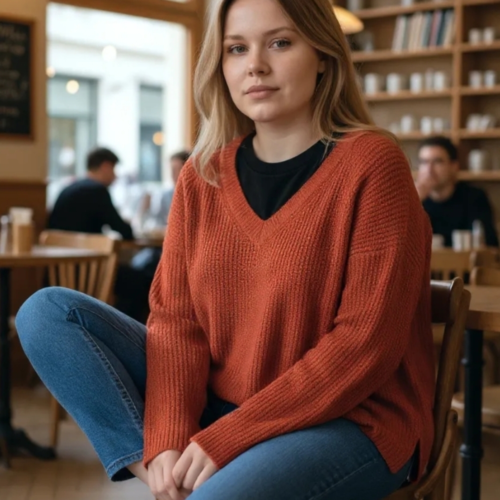 V-Neck Rust Sweater - Picture 3 of 6
